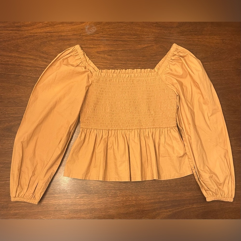J. Crew Camel Smocked Square-Neck Peplum Blouse with Puff Sleeves